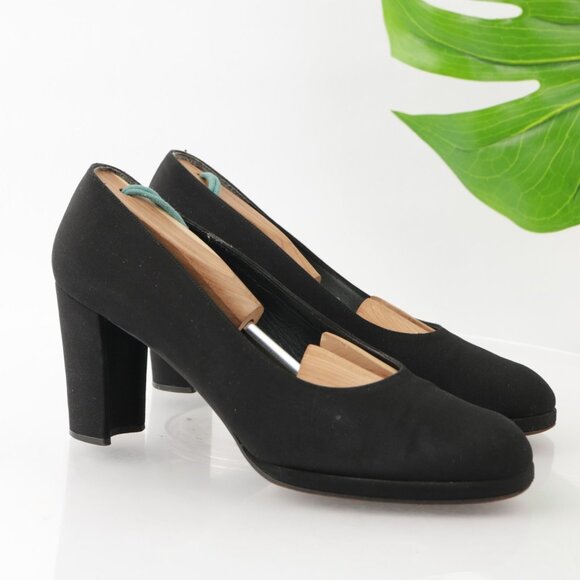 Vintage Stuart Weitzman Womens Pump Size 8.5 Black Satin Block Heel Round Toe 90 - Picture 1 of 11